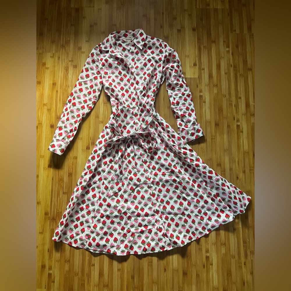 Boden Red and White Strawberry Long Sleeve Dress
